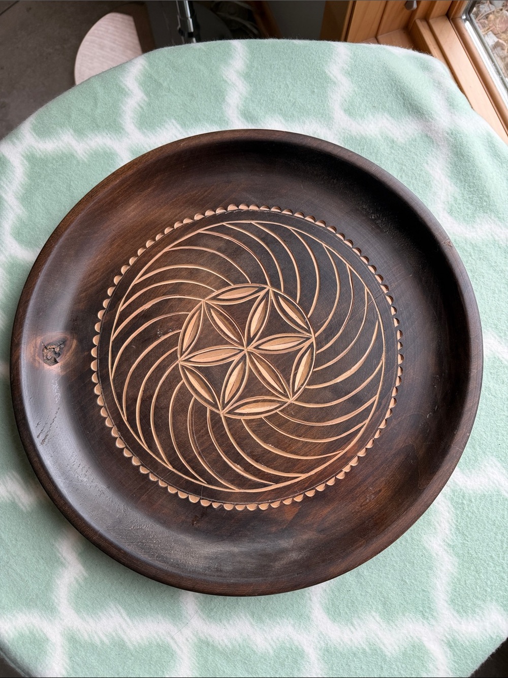Hand-Carved Dark Brown Decorative Wooden Platter or Wall Decor 15”